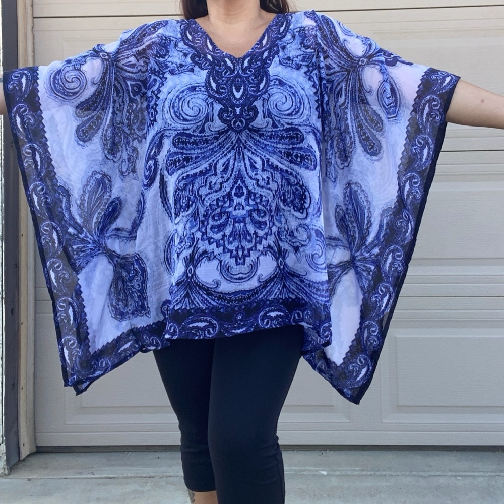 Chicos size 3 blue and white sheer blouse